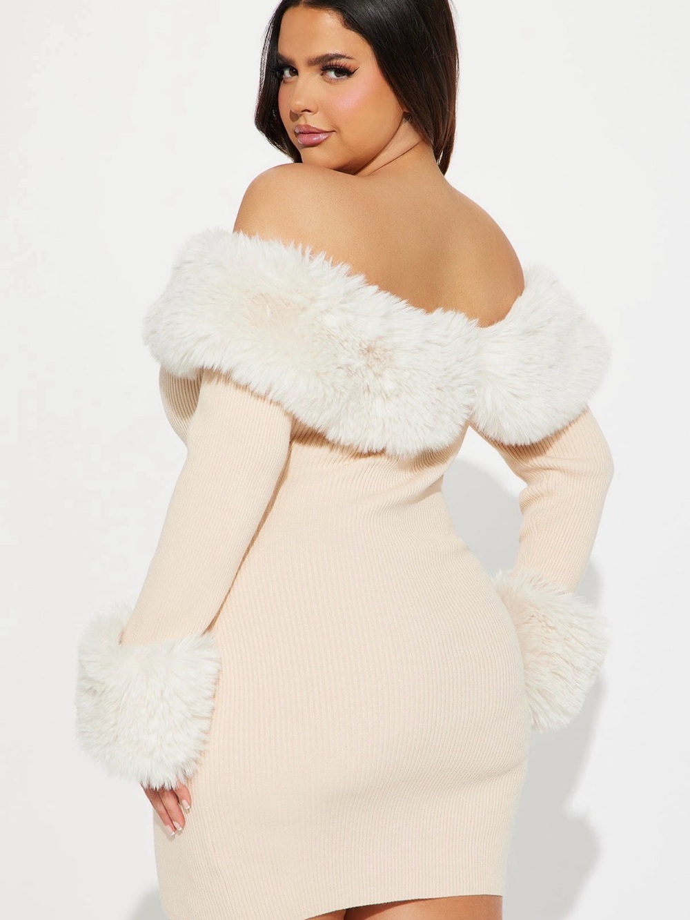 Fashion Nova Cream Off-Shoulder Faux Fur Trim Mini Dress - Picture 3 of 3